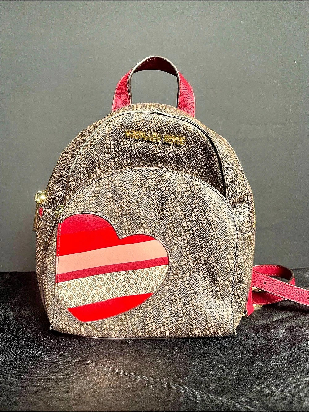 Michael Kors Abbey Extra Small Heart Patch Backpack Brown & Red